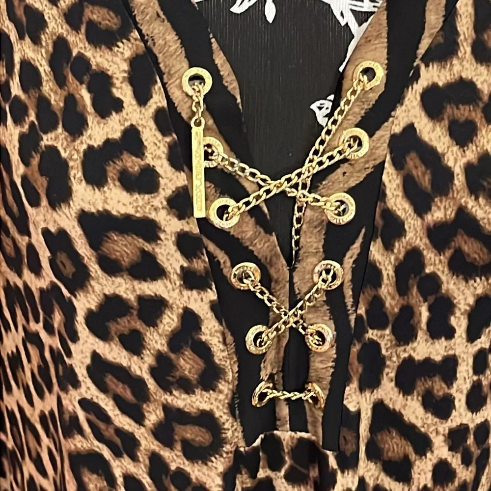 Micheal  Kors size XL black leopard print dress gold chain detail optional belt